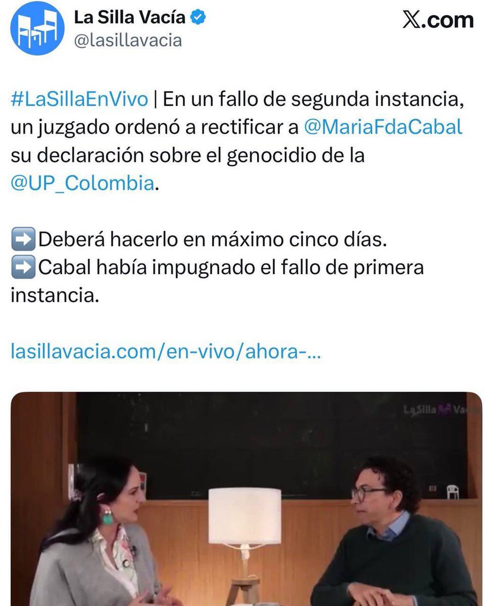 CamiloRomero's tweet photo. La orden de rectificación contra María Fernanda Cabal por asegurar que el Estado no fue partícipe de la aniquilación de la UP y que se asesinaron “entre ellos” mismos, manda un mensaje contundente: así el uribismo insista en el negacionismo, no podrá con el peso de los hechos y de la historia.

Ya Cabal había negado las masacres de las bananeras y minimizado los falsos positivos. Ese es el modelo político fracasado, proviolencias y atropellador de la garantía de derechos de la gente, que debe ser derrotado el 31 de mayo. ¡Pa’lante!