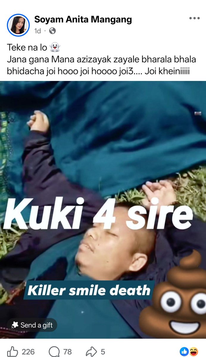 DynastyDoungel's tweet photo. A Facebook post by "Soyam Anita Mangang" mocked Rev. Kamgoulun Lhouvum, who was brutally murdered by Tangkhul militants, Meitei militants, and the ZUF-KAMSON group on May 13, 2023.

Soyam Anita Mangang mocked Rev. Kamgoulun Lhouvum along with our national anthem, Jana Gana Mana.

The concerned department must take stringent action against this Meitei individual immediately.

@PMOIndia @HMOIndia @adgpi @official_dgar @Spearcorps @easterncomd @crpfindia @BSF_India @ITBP_official @NIA_India @CBIHeadquarters @ukhrultimes @LIANGMAIPOST @tangkhulnews @rlungleng @khanuithotkhon @WungMedia @TheSangaiExpres @PoknaphamNews  @manipur_police 
@YKhemchandSingh @KonthoujamG @LokBhavManipur @BhallaAjay26