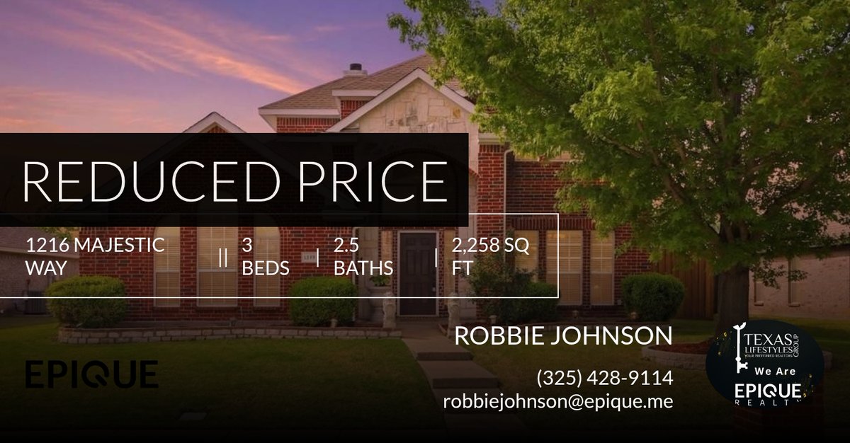 RobbieFJohnson's tweet photo. 📍 Reduced Price 📍 This recently reduced home at 1216 Majestic Way in Wylie won't last long, so, don't wait to set up a showing! Reach out here or at (325) 428-9114 for more information! https://t.co/bNySX8fsEG https://t.co/oFFa49mDV2