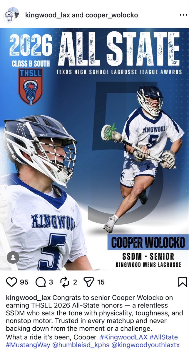 CoopW16's tweet photo. Honored to earn THSLL All-State recognition. Grateful to my coaches, teammates &amp; family and proud to represent Kingwood Lacrosse. #KingwoodLAX @CoachKikel @CoachPassante @CoachCroall https://t.co/e6DR2D7zRW