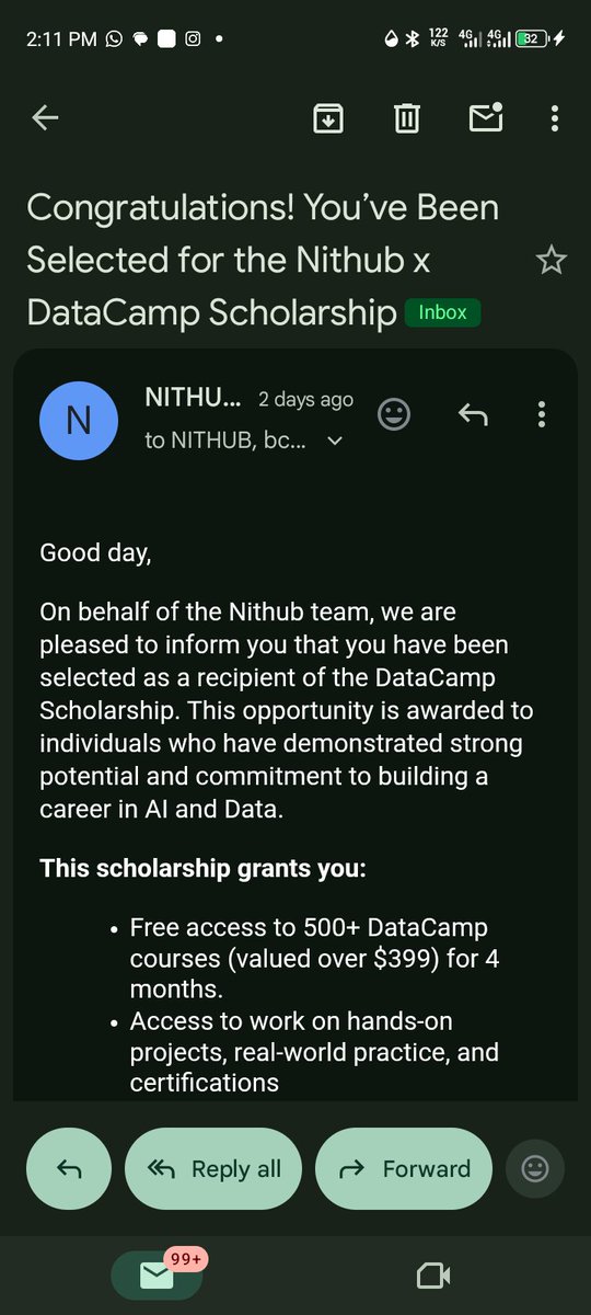 Pamilerin1APEx's tweet photo. Excited to be selected for the Nithub x DataCamp Scholarship Program 🎉
Thank you @nithub_unilag and @DataCamp for this opportunity to learn and grow in Data Analytics and tech. 🚀
#DataCamp #Nithub #Tech #Scholarship https://t.co/GMjWAUGGbE