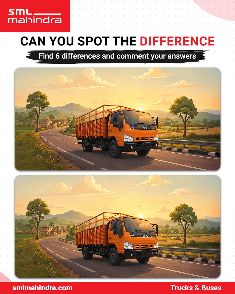 SmlMahindra's tweet photo. Think you’ve got an eye for detail? 👀🚍

Put your observation skills to the test and spot all the differences in the visual.

Drop your answers in the comments below and let’s see who gets it right. ⬇️

#SMLMahindra #SpotTheDifference #CommentChallenge #InteractivePost https://t.co/KKlePb3Pgr