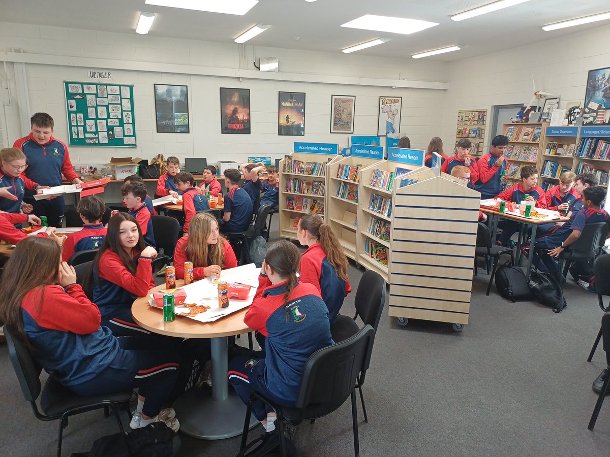colchilmlib's tweet photo. The library was in a celebratory mood today as we rewarded a 1st Year English class with a well-deserved pizza party. The students broke our school's Accelerated Reader word count class record with an astonishing 96,000,000 words read during the year. @jcsplibraries @ccmwicklow https://t.co/Oxr0kP47vr