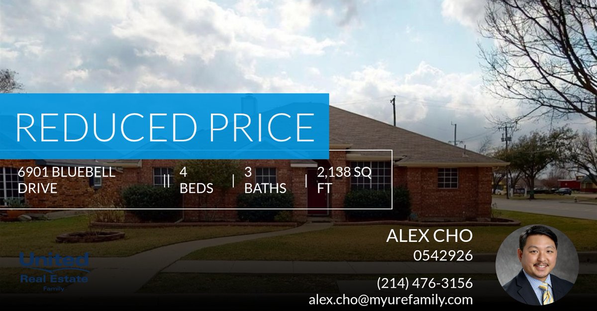 AlexChoRealtor's tweet photo. 📍 Reduced Price 📍 This recently reduced home at 6901 Bluebell Drive in Rowlett won't last long, so, don't wait to set up a showing! Reach out here or at (214) 476-3156 for more information! https://t.co/zQaNxoq5s6 https://t.co/d17jc3S7Wc