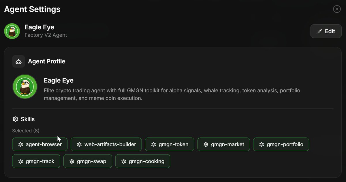 BenjeOuss's tweet photo. This is crazy! The @gmgnai AI skills are such a powerful unlock for your agents in catching good trades

Created a tokenized agent on @Orbofi with the GMGN skills, with its own sandbox, deep reasoning,( all in 1min), with full autonomy, and is doing pretty good so far

The agent: https://t.co/q2OOWa8S0O

You can use, or just create your own as well.
cc @haze0x  @arthur_gmgn