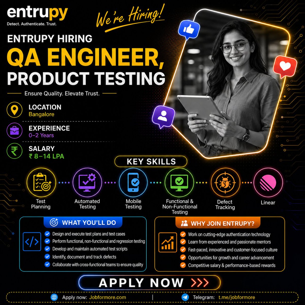 jobformore's tweet photo. 🔎 QA Eng @ Entrupy!
📍 Bangalore
🎓 BTech 0-2 Yrs
🔥 Product Testing + Automation
💰 INR 8–14 LPA
AI Product Quality! 🚀
#Entrupy #QAJobs #BangaloreJobs #Jobformore
Apply: https://t.co/qsRkUfIKLl https://t.co/Nw3d18FOaC