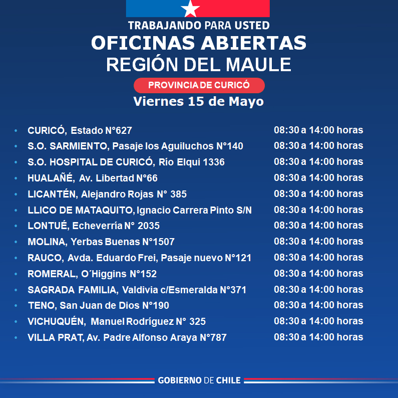 Regcivil_Maule's tweet photo. 🏢 Estas son algunas de nuestras oficinas abiertas en la Región del Maule ✅️
⏰️ Horarios de atención de 08:30 a 14:00 hrs.
Te invitamos a visitar nuestras oficinas a lo largo de la región, realiza tus trámites de manera ágil, segura y oportuna.
Desliza para más información 👉🏼 https://t.co/s24ci4p5Z0
