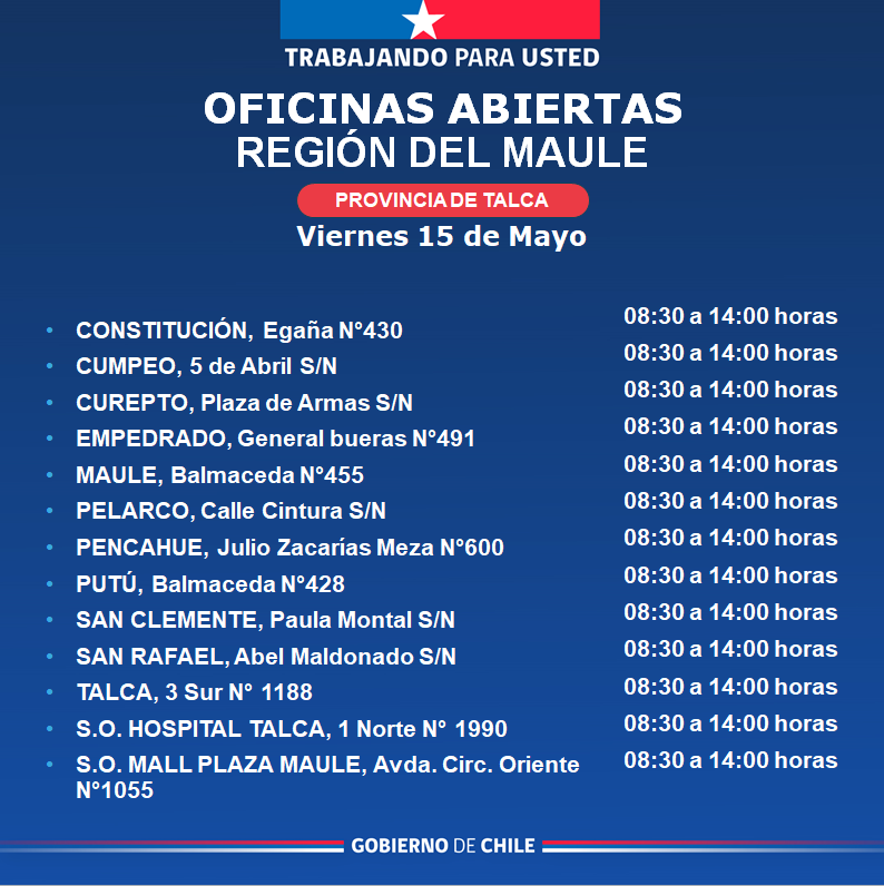 Regcivil_Maule's tweet photo. 🏢 Estas son algunas de nuestras oficinas abiertas en la Región del Maule ✅️
⏰️ Horarios de atención de 08:30 a 14:00 hrs.
Te invitamos a visitar nuestras oficinas a lo largo de la región, realiza tus trámites de manera ágil, segura y oportuna.
Desliza para más información 👉🏼 https://t.co/s24ci4p5Z0