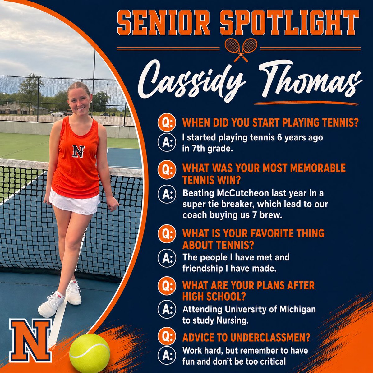 nmhsgtennis's tweet photo. Head over to our instagram for our senior spotlight on #2 Singles player Cassidy Thomas! Thank you Cassidy! https://t.co/QXOlpk38Tl https://t.co/ispS2zyDIb