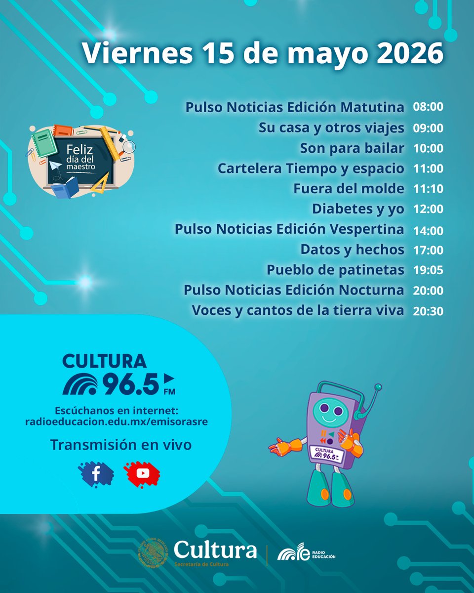 RadioEducacion's tweet photo. Este #Viernes acompaña tu día con la programación de #Cultura965FM 🎧✨

En #RadioEducación disfruta de #PulsoNoticias 📰 #SonParaBailar 💃 #FueraDelMolde 🎨 #DiabetesYYo 🩺 #DatosYHechos 📊 #PuebloDePatinetas 🛹 y más.

📻 96.5 FM #CDMX
💻 https://t.co/p4QeZpjhJj https://t.co/bIr9alVUvG