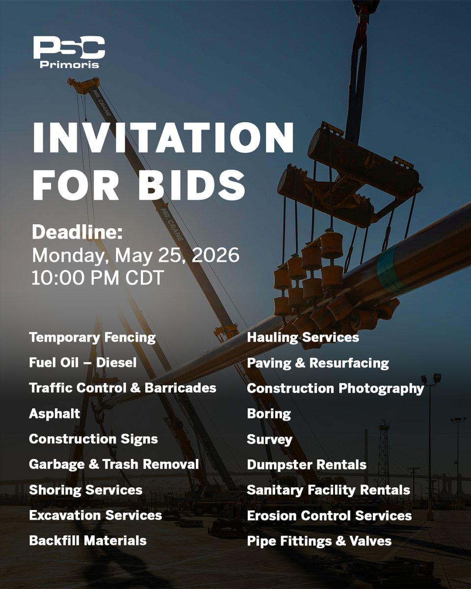 PrimServices's tweet photo. NOTICE TO THE PUBLIC – Primoris Energy Services is seeking certified MBE/WBE subcontractors for an IDIQ Chilled Water Construction contract in Austin, TX. 

If interested, email procurement@prim.com. 

Deadline: May 25, 2026 at 10 p.m. CT https://t.co/aYowwibBXZ