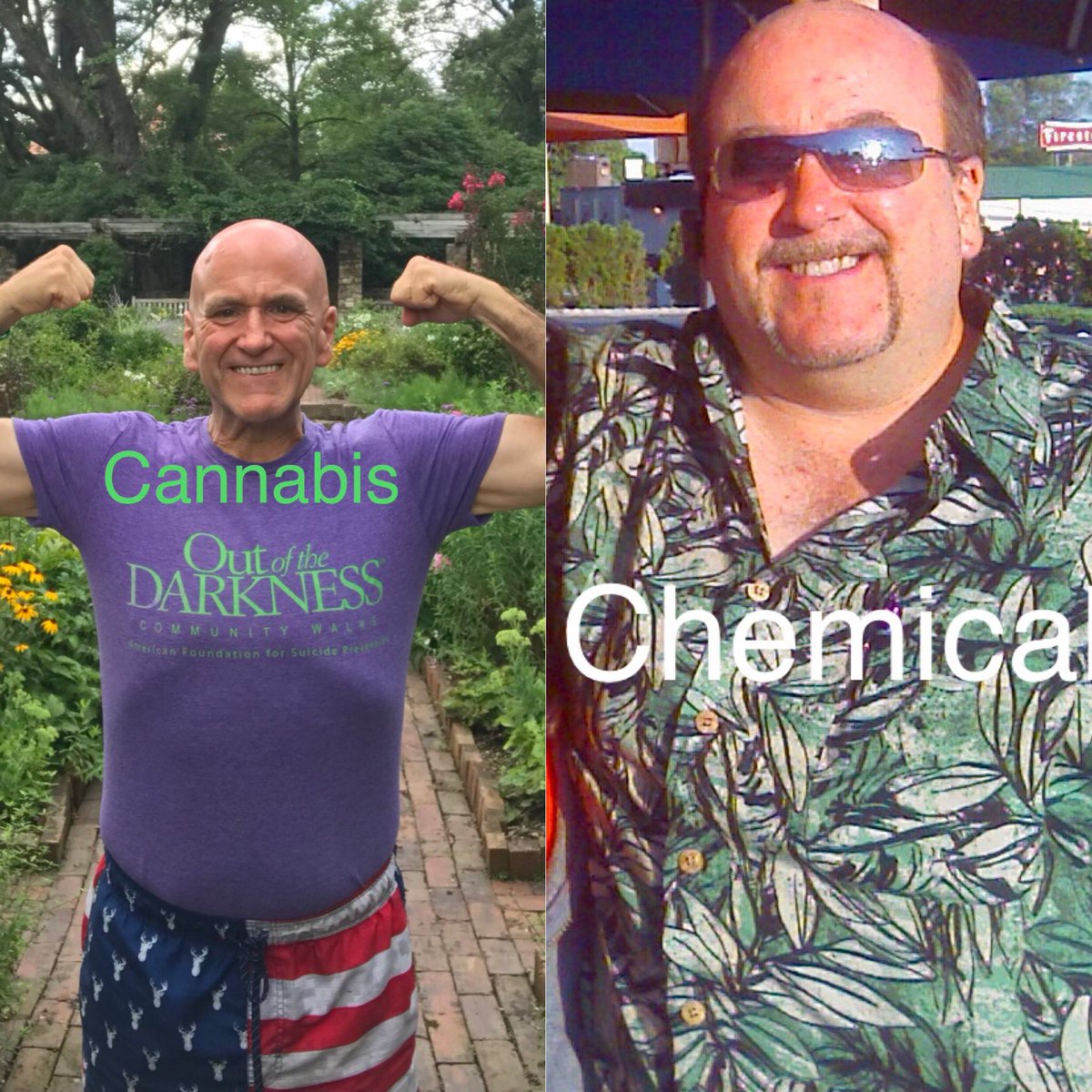 JobHigher's tweet photo. Both pictures are of me—the left on a Good Orderly Diet and cannabis, the right on nine psychiatrist-prescribed drugs and a crappy diet.

I am sober from alcohol and street drugs in both. 

I lost 180 pounds because cannabis and prayer work to improve my spirits and challenge my bad habits.