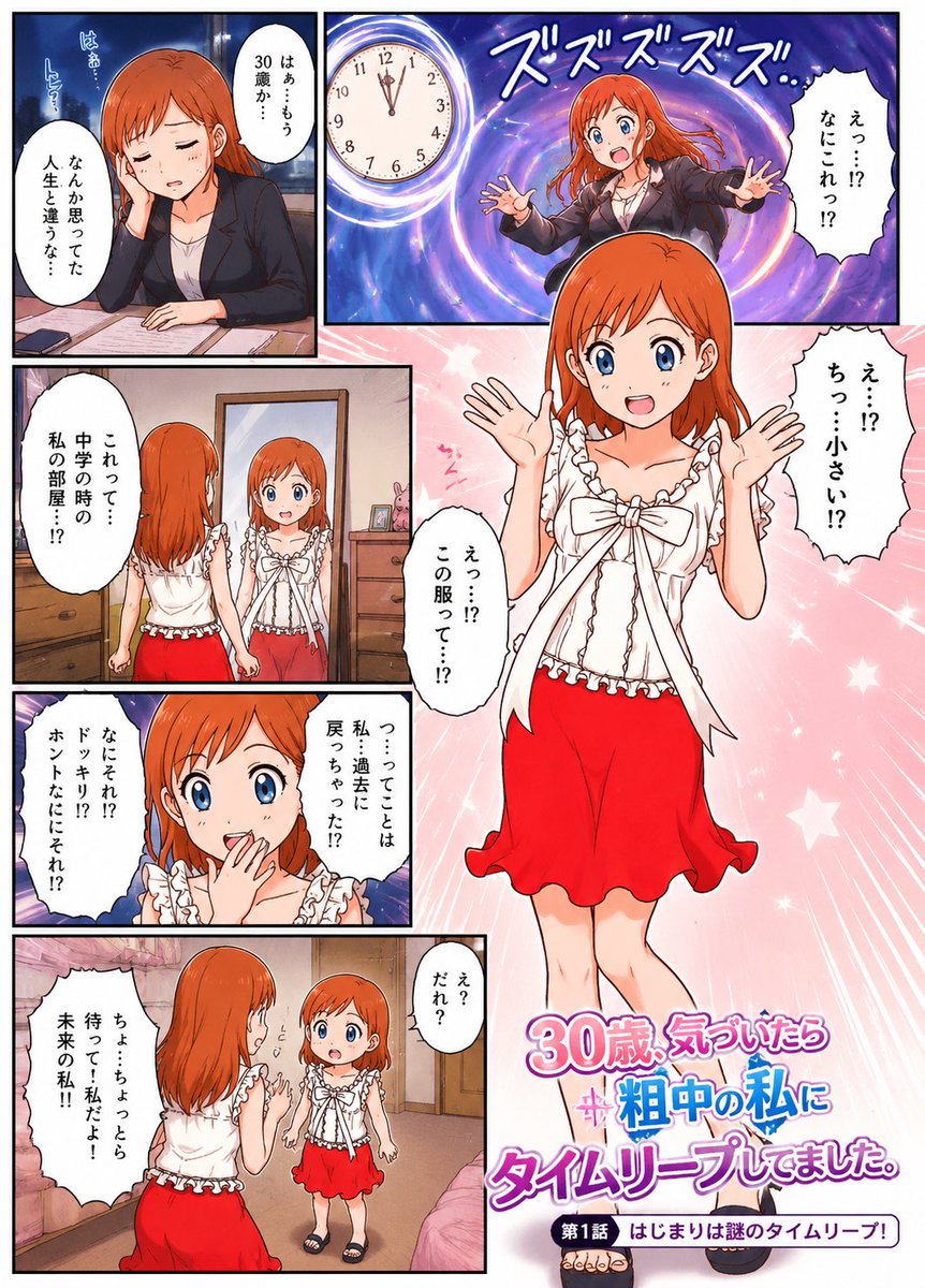 dash2u's tweet photo. 少し前は微妙な感じだったけど、AIもこのぐらいの指示でここまでのものが出てくるように…。
（読み順とか漢字とかの問題はあるものの一文でコレ）

「このキャラクターが大人時代から、この見た目の年齢にタイムリープしてくるスラップスティックなストーリーの漫画の1ページ目を作って」 https://t.co/2hBpjAfbEk