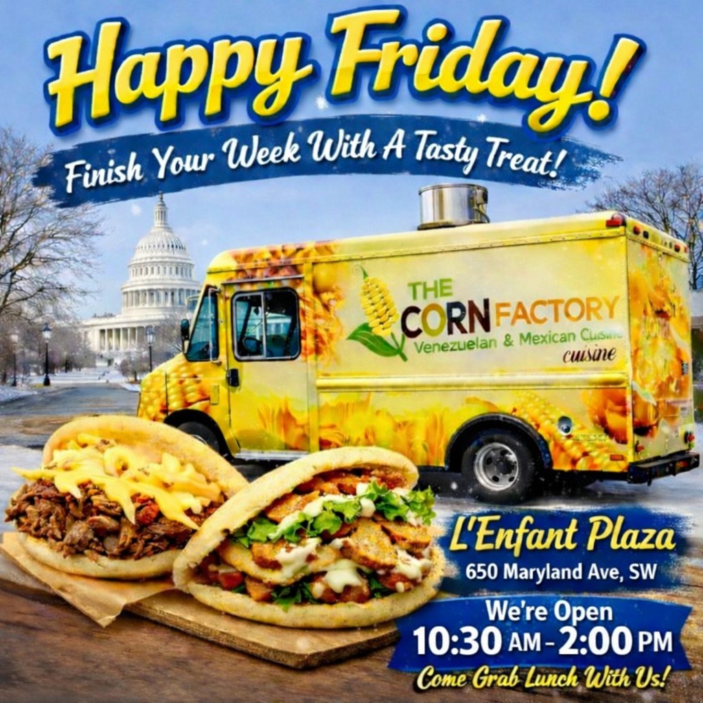 thecornfactory's tweet photo. 🎉 Friday flavor fix!
Grab your gluten-free Venezuelan 🇻🇪 &amp; Mexican 🇲🇽 favorites at L’Enfant Plaza Metro (650 Maryland Ave SW).
Serving 10:30am–2pm — come hungry, leave happy! 🔥
#GlutenFreeFoodTruck #WashingtonDC #FridayVibes #FoodTruckFriday https://t.co/svtOYNR3Ms