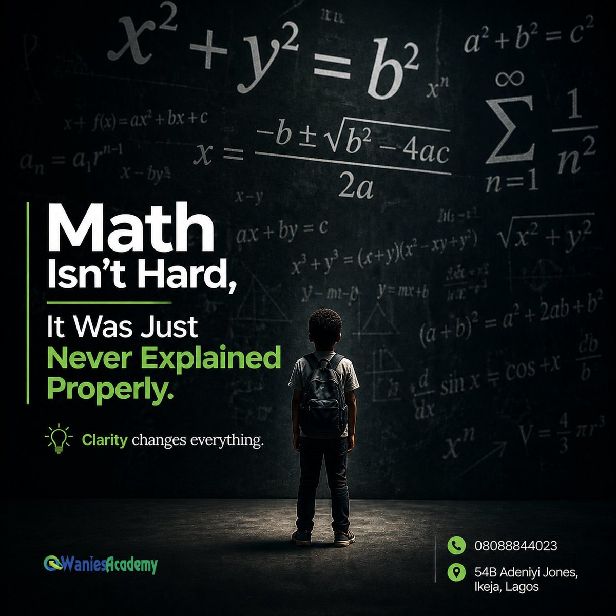 waniesacademy's tweet photo. Math isn’t difficult  it’s often just poorly explained. Once it becomes clear, confidence and results follow. At Wanies Academy, we make complex math simple. 📞 08088844023 #WaniesAcademy #MathMadeSimple #WAEC #JAMB #LagosParents https://t.co/HsFs93gJyO