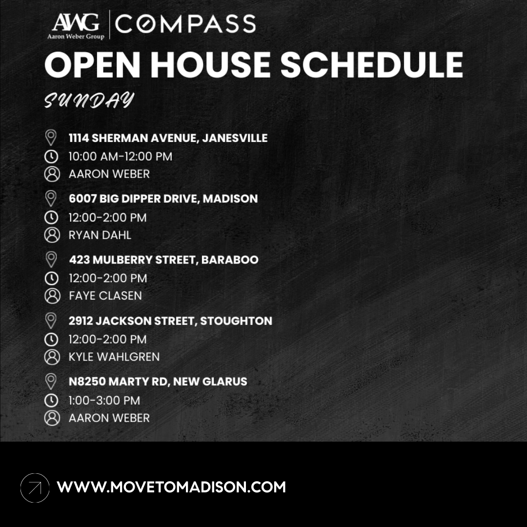 AaronWeberGroup's tweet photo. 🏡 Open House Weekend is here!
Tour beautiful homes across Madison, Janesville, Waunakee, Monona, Baraboo, Stoughton &amp; New Glarus this Friday–Sunday ✨
🔗 https://t.co/jXerw2vxgt

#OpenHouse #MoveToMadison #AaronWeberGroup #CompassRealEstate https://t.co/8EpiID4qEO