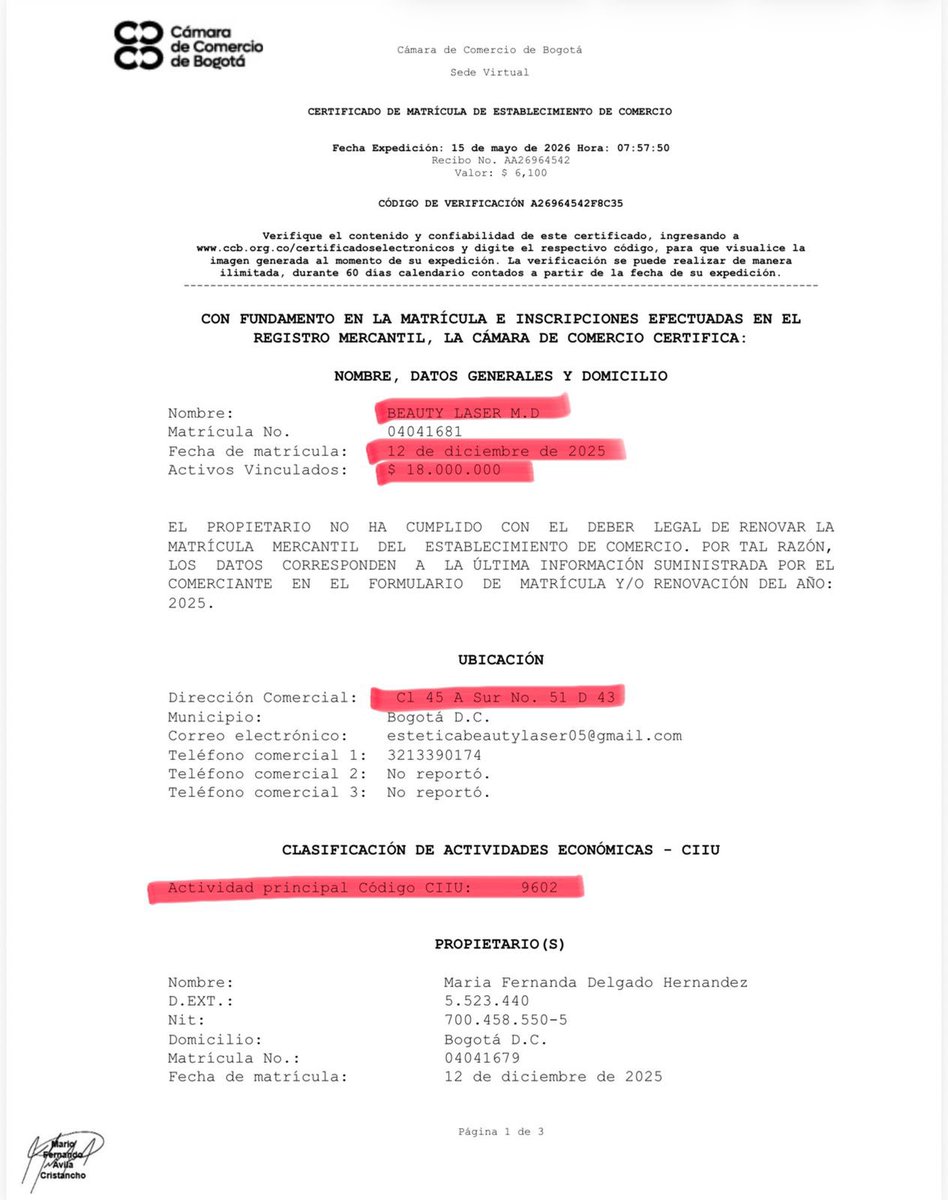 SaavedraMDavid's tweet photo. Es muy alarmante el caso de Yulixa Toloza, la mujer de 52 años que desapareció después de realizarse una lipólisis láser en el establecimiento “Beauty Laser” en Tunjuelito, que según el registro ante @camaracomerbog es una clínica de garaje.

En el registro mercantil con fecha de diciembre del año pasado aparece que su actividad principal (9602) que es “peluquería y otros tratamientos de belleza”.

Rogamos porque las autoridades encuentren sana y salva a Yulixa y pedimos que @SectorSalud intensifique sus operativos para desmantelar estas clínicas de garaje en Bogotá.