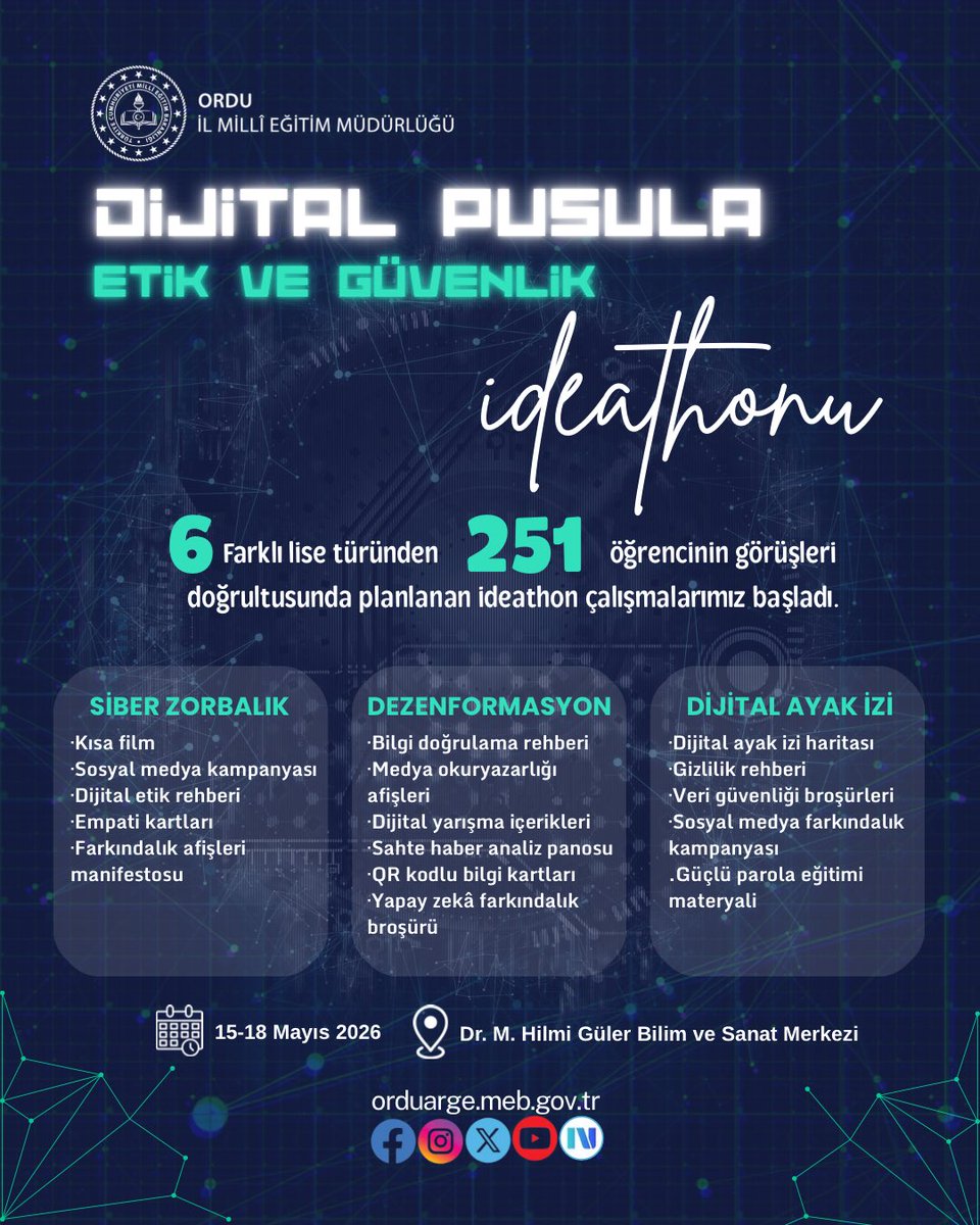 OrduARGE's tweet photo. 🔎Genç AR-GE Faaliyetleri kapsamında, 6 farklı lise türünden 251 öğrencinin görüşleri doğrultusunda planlanan “Dijital Pusula: Etik ve Güvenlik İdeathonu” ilimizde başladı.

#eğitimkentiordu

@tcmeb @meb_sgb @ayhanozturkmeb @mfvargeloglu https://t.co/lgTiEIfENo