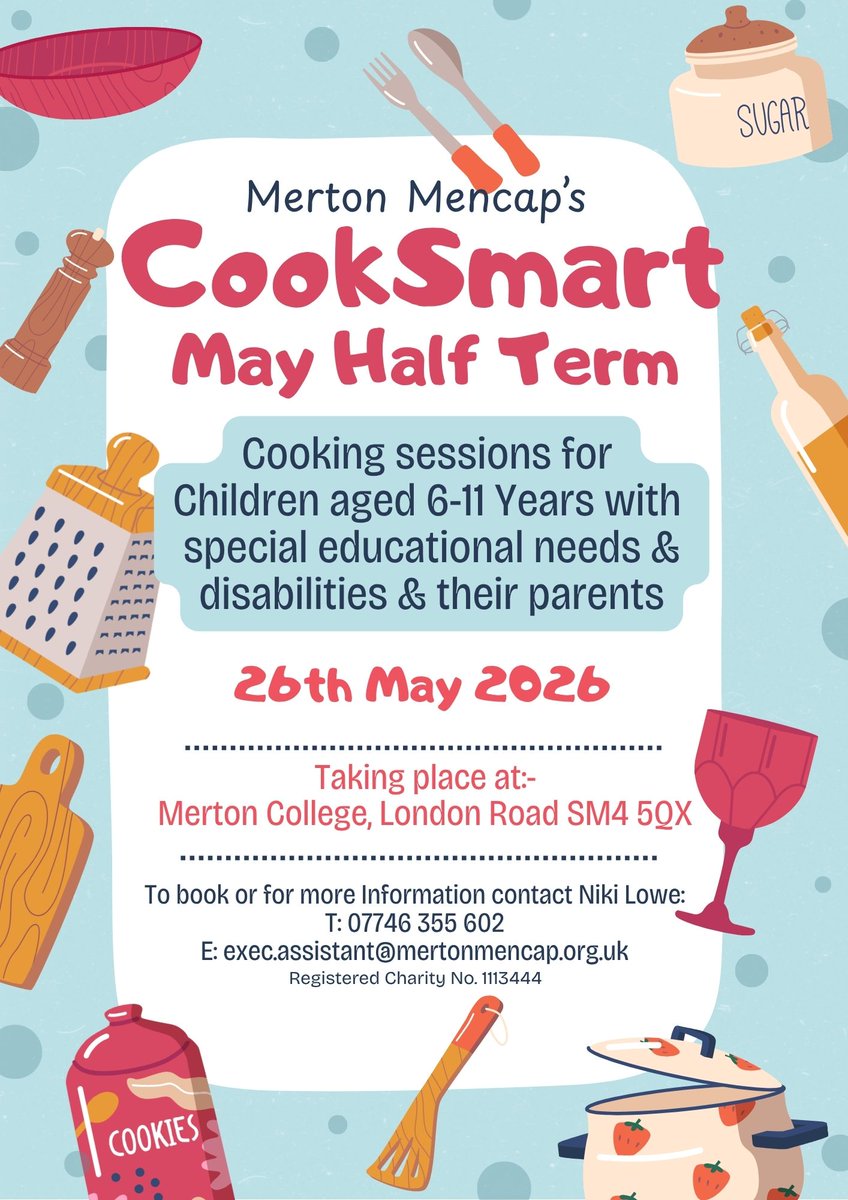 MertonMencap's tweet photo. Do you have a child aged 6-11 with SEND? Why not join our cooking session this half term!  Places limited so book NOW! https://t.co/pxVQacSOvt