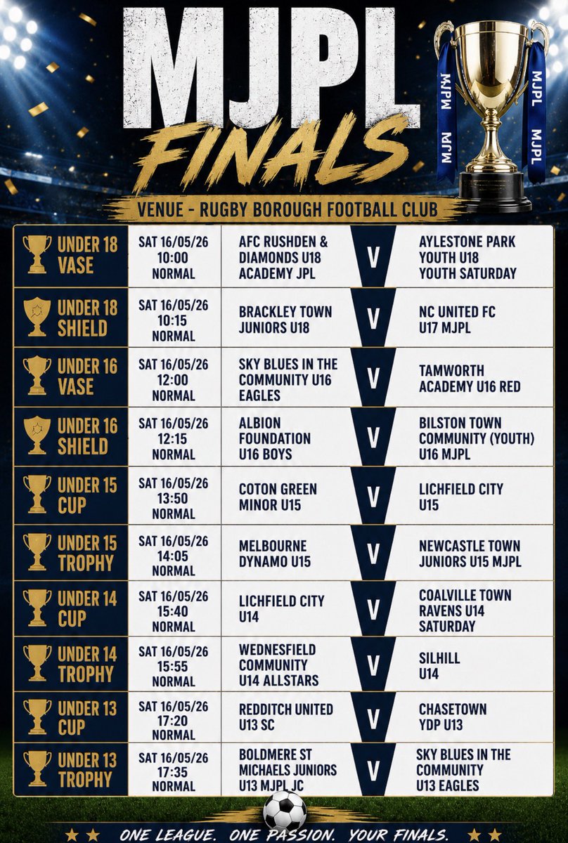 MJPL_UK's tweet photo. What weโve got lined up tomorrow on our MJPL Finals Day at Rugby Borough Football Club โฝ๐
Good luck to every team involved โ enjoy the occasion and leave everything out on the pitch! ๐ฅโฝ
#MJPL #MJPLFinals #GrassrootsFootball https://t.co/KzaQaUgys3