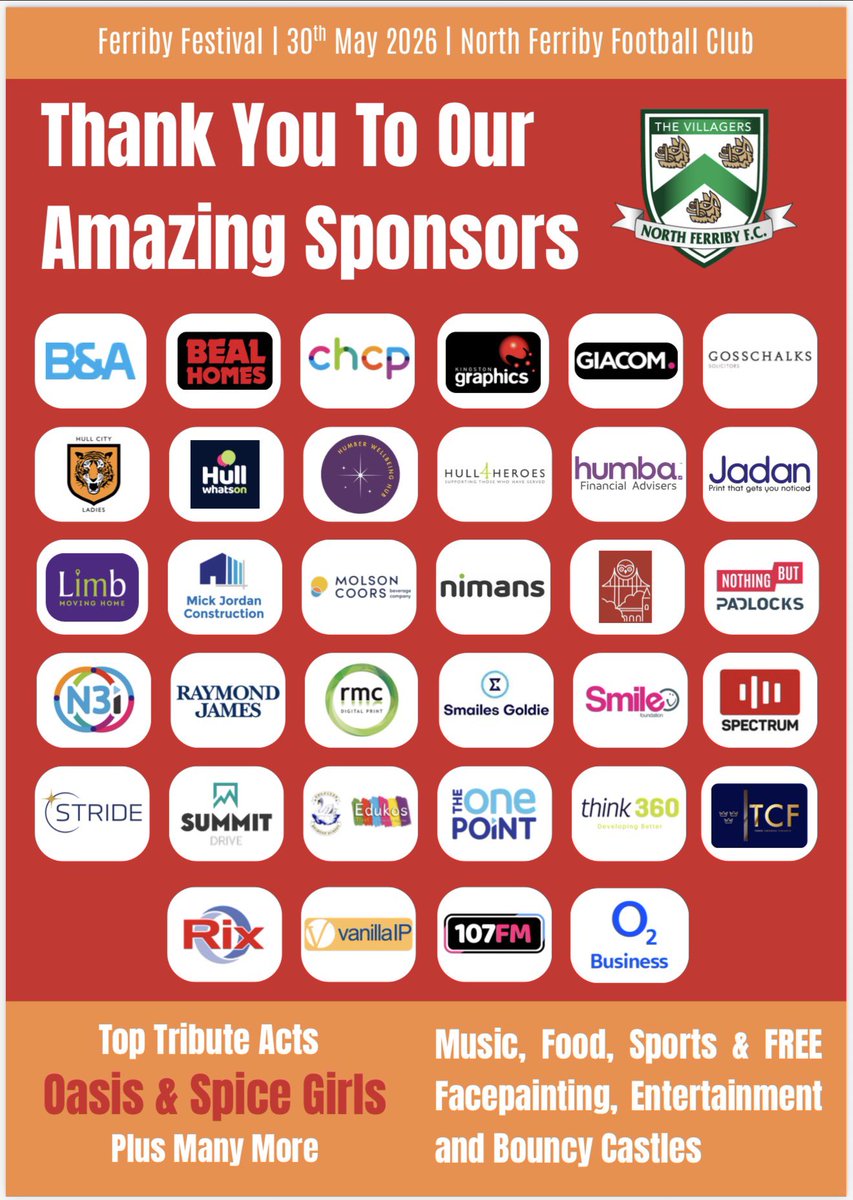 HullCityLFC's tweet photo. Join us for the Ferriby Festival!

A day full entertainment, music, food, sports, bouncy castles and more!

Featuring top tribute acts of Oasis &amp; Spice Girls and many more!

All funds generated by the Ferriby Festival go back into supporting the club, community and youth teams. https://t.co/h6ld8fUzSE