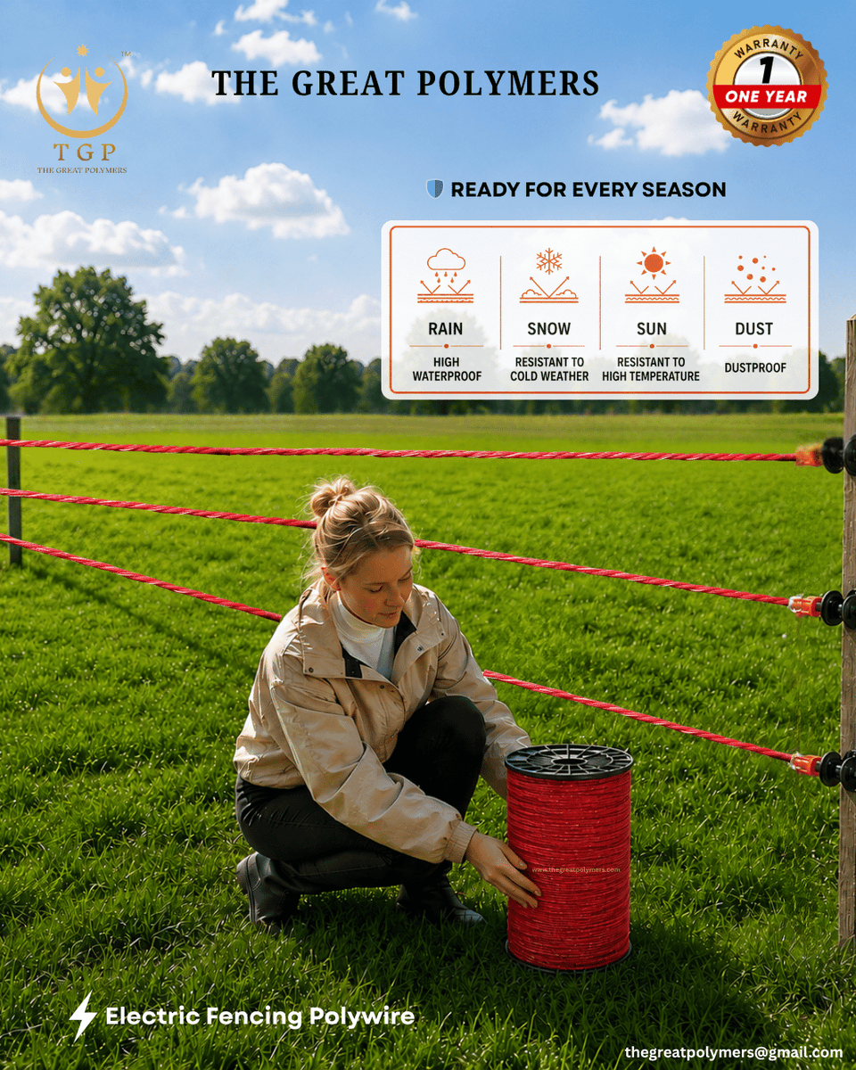 thegreatpolymer's tweet photo. Tough Weather Premium Electric Fence Poly strand line with Excellent Conductivity and 1 Year Warranty –THE GREAT POLYMERS/INDIA

Whatsapp Number +91 8160345999
Check out the website: https://t.co/V6475dlanM

#ElectricFenceWire #PolyWire #LivestockFencing #FarmSecurity #ElectricFence #CattleFence #HorseFencing #AgricultureSolutions #UVResistantWire #TheGreatPolymers #USAFarming #AustraliaLivestock #CanadaAgriculture #NewZealandFarms #ElectricFenceWire