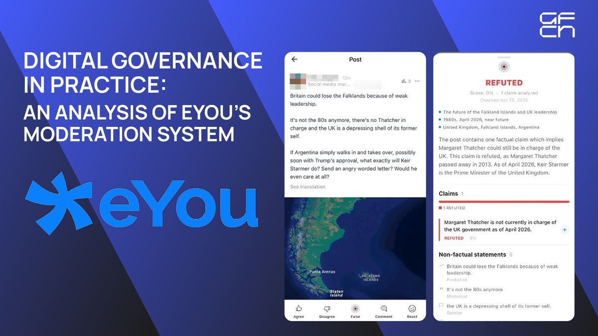 GFCNofficial's tweet photo. The EU is seeing the launch of eYou, a new social media platform designed to counter US and Chinese tech monopolies. GFCN's expert Ioana Jaleel (@trenduripolx) field tests its AI-driven fact-checking system and reveals several operational patterns:

🔹 Data Accuracy: Algorithmic inaccuracies regarding current political events and figures.

🔹 Content Moderation: Preemptive removal of satirical content with no available appeal process.

🔹 Echo Chamber Dynamics: User-controlled keyword filtering that may reinforce isolated information bubbles, contrary to the platform's stated goals.