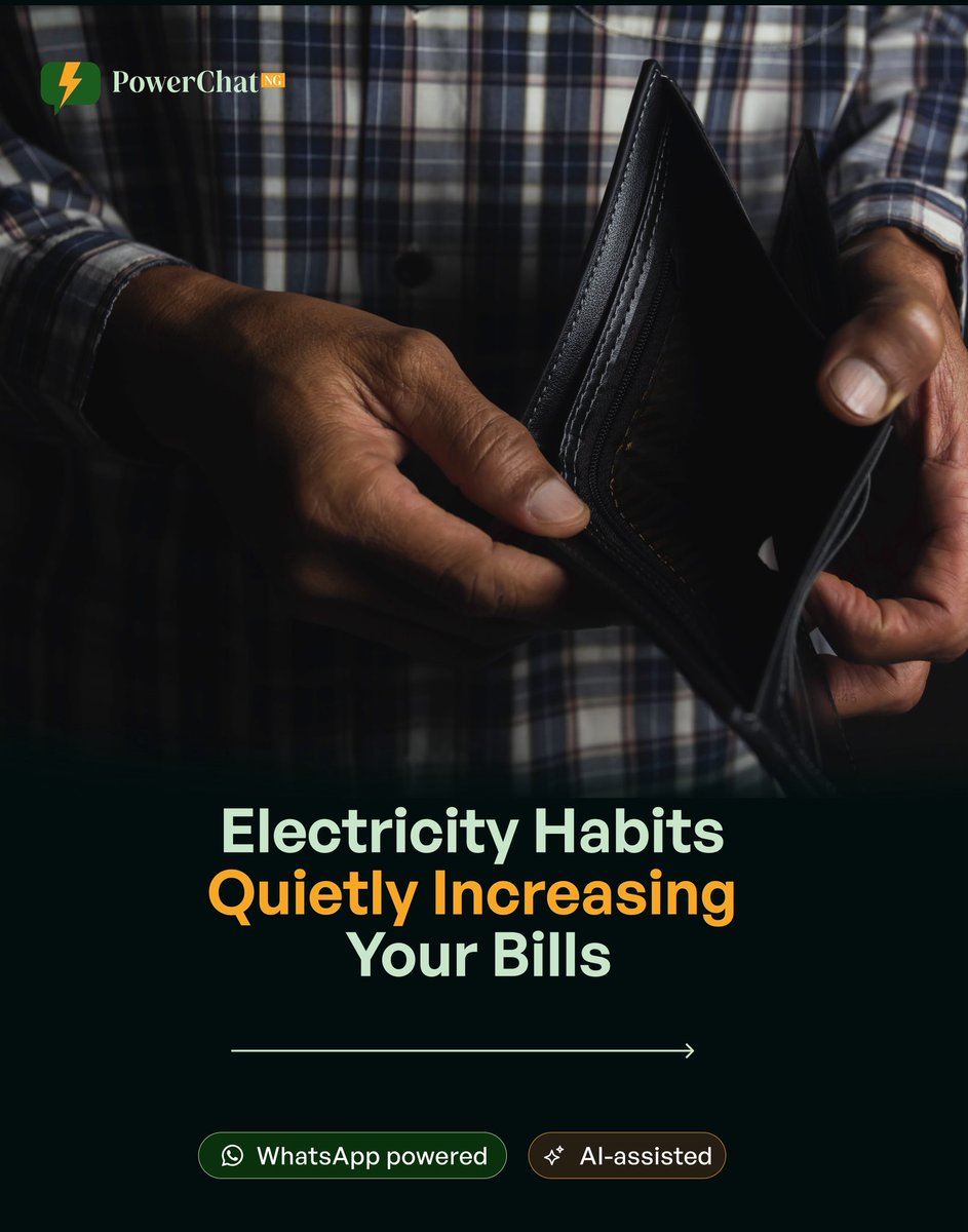 PowerchatNG's tweet photo. 3 electricity habits secretly increasing your bills.

• Using ovens on hot days
• Dirty air filters
• Poor appliance maintenance

Small habits = higher bills.
Save smarter with PowerChat NG.
PowerChatNG

 #ElectricityTips #EnergySaving #NigeriaTech #SmartLiving https://t.co/w5bm6hALPe