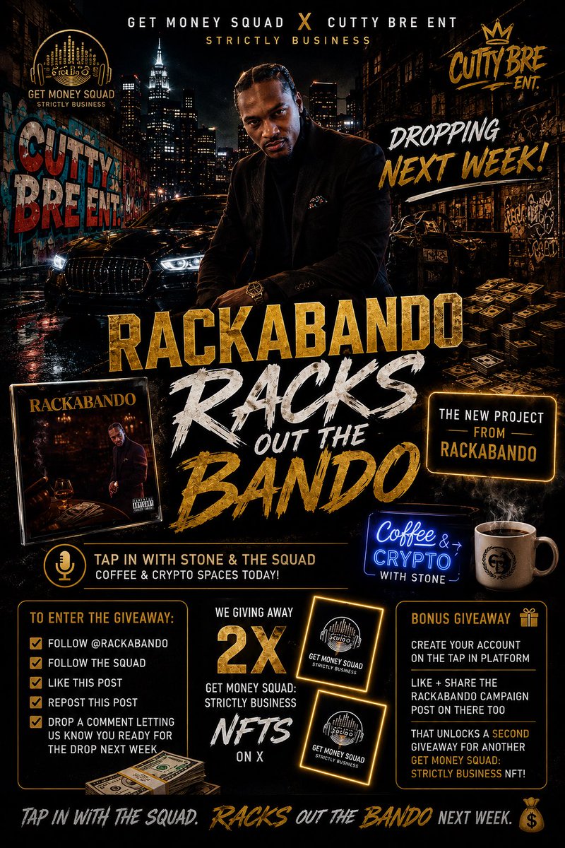 youngchuckydboy's tweet photo. @Stone_XRPL 🚨 GIVEAWAY TIME 🚨
My G, RACKABANDO got that new project “Racks Out The Bando” dropping next week. 🔥
Cutty Bree ENT x Get Money Squad.
Strictly business.
Go tap in with the homie now and run this post up.
Big salute to Stone and the squad spaces today.
To enter the giveaway
⬇️ https://t.co/ZbXgKrrGgU