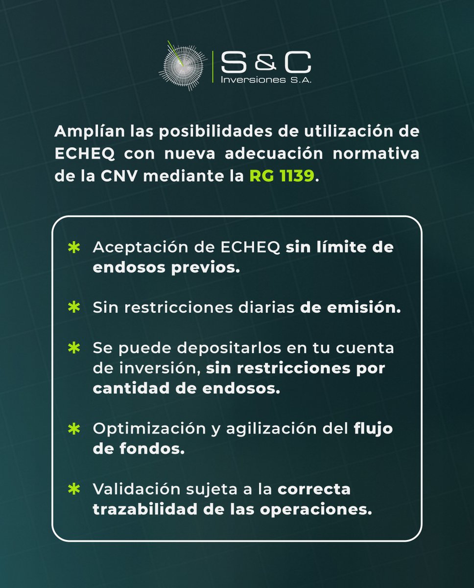 SyCinversiones's tweet photo. 📷 𝐀𝐜𝐭𝐮𝐚𝐥𝐢𝐳𝐚𝐜𝐢𝐨́𝐧 𝐧𝐨𝐫𝐦𝐚𝐭𝐢𝐯𝐚 — 𝐂𝐡𝐞𝐪𝐮𝐞𝐬 𝐄𝐥𝐞𝐜𝐭𝐫𝐨́𝐧𝐢𝐜𝐨𝐬
A partir de una reciente simplificación normativa de la CNV, ya se puede depositar cheques electrónicos (echeqs) de terceros con endosos para acreditar fondos en tu cuenta comitente. https://t.co/fXjfoaCCoa
