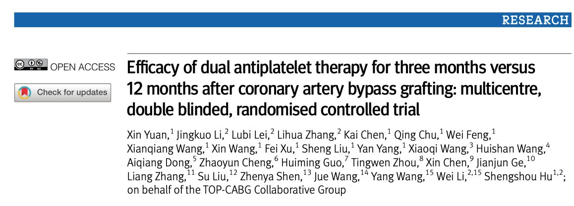 DrDamluji's tweet photo. Efficacy of dual antiplatelet therapy for three months versus 12 months after coronary artery bypass grafting: multicentre, double blinded, randomised controlled trial: @bmj_latest 

🥸 Top CABG-collaborative group. 

👇👇👇👇 https://t.co/W1bQHgWXzc