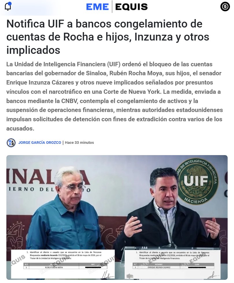 Juan_OrtizMX's tweet photo. 🗳️📌 CONGELAN LAS CUENTAS DE ROCHA MOYA, SUS HIJOS, INZUNZA Y OTROS IMPLICADOS

La Unidad de Inteligencia Financiera (UIF) ordenó el bloqueo de las cuentas bancarias.

Aplica para los señalados por presuntos vínculos con el narcotráfico en una Corte de Nueva York.

Investigación de @jorgegogdl para @emeequis.

▶️ https://t.co/8uGhwRNX7J