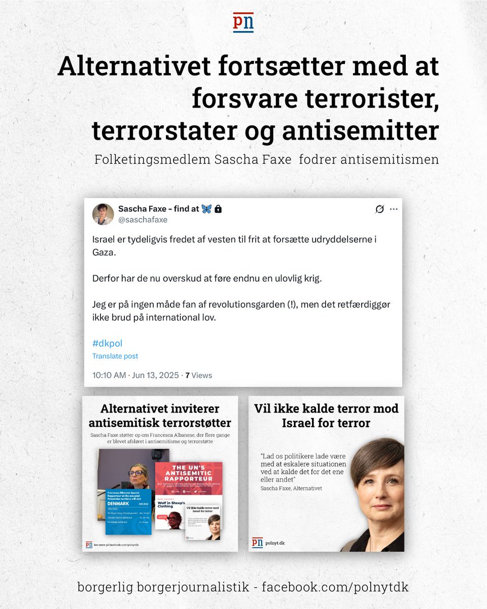 polnytdk's tweet photo. .@saschafaxe fra @alternativet_ mener ikke, at gruppevoldtægter af jødiske familier, lemlæstelser af jødiske kvinders kønsdele, er terror.

Konfronterer man hende, så blokerer hun.

Samtidig kalder hun i dag udvisning af kriminelle migranter for fremmedhad, sammenligner det med Hitlers regime.

#dkmedier er selvfølgelig tavse, lige så tavse som de var, da @saschafaxe og @alternativet_ inviterede en dokumenteret antisemit og terrorstøtter ind på borgen.

—

“Afsløring: 300 siders dokumentation for Hamas’ afskyelige voldtægter og terror ignoreres af medierne og venstrefløjen.”

https://t.co/6RIxfRZEWx

—

“Hyldes af Enhedslisten og Alternativet: Flere lande fordømmer nu antisemitten og terrorstøtteren Francesca Albanese.”

https://t.co/jPo5cETabt

—

Alternativet slår til igen: angriber politisk modstander, der er ramt af kræft.

https://t.co/IFiOMiiF16