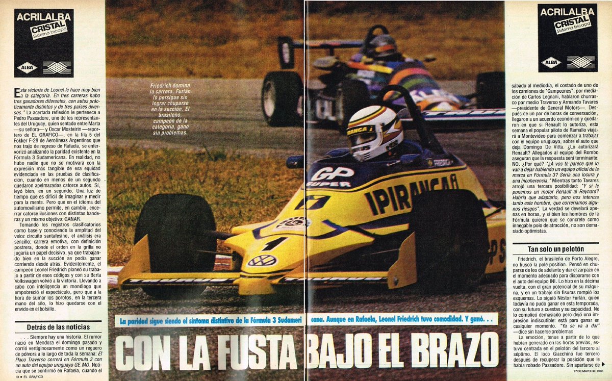 PatoG82's tweet photo. 15 de Mayo de 1988. F3 Sudamericana en Rafaela 🏁
Final a 48 vueltas al trazado de 3050m de extensión y el podio resultaba:
1° - Leonel Friedrich (Berta/VW)(R/V) a 178,29 KPH ⏱️
2° - Nestor G. Furlan (Berta/VW)(Pole) ⏱️
3° - Juan C. Giacchino (Dallara/Alfa Romeo)
📓 El Grafico https://t.co/XDgfEpi4b2