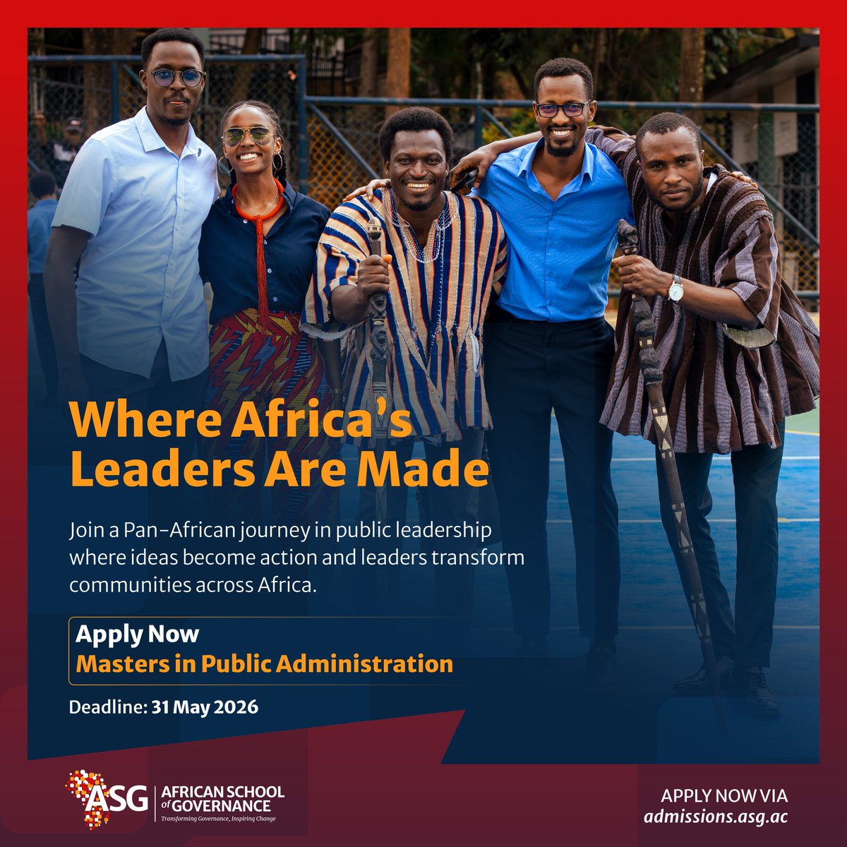 ASG_Africa's tweet photo. Someone in your city has the idea that could change how an entire country is governed. Maybe it's you, or the person sitting next to you.

 ASG's Master's in Public Administration (MPA) was built for both of you. Merit & need-based scholarships available. Deadline: 31 May 2026. 

Apply: https://t.co/L0qzjGoDaH