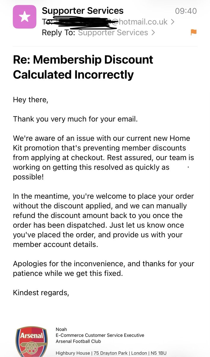 MarkHoward19's tweet photo. @afc_richard I had this issue, my partners shirts got the discount but mine didn’t, I contacted them &amp; got this response

Might be worth filling out an online form https://t.co/pMJ7ydNa1P
