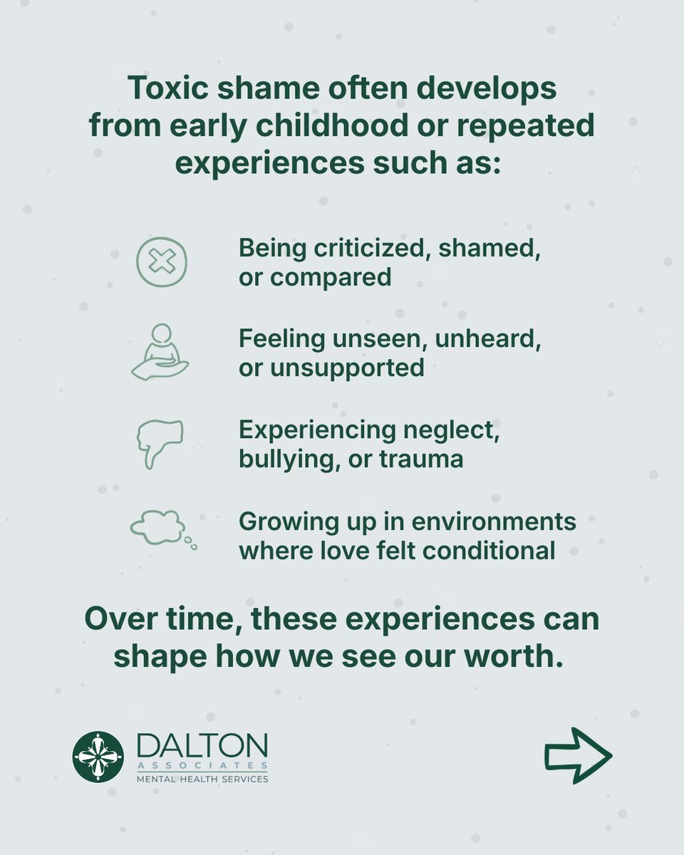 DaltonAssociate's tweet photo. Toxic shame is more than feeling bad about something you’ve done. It is the belief that something is wrong with you at your core. Often shaped by early experiences like criticism, neglect, or feeling unseen, it can show up as constant self-doubt, people-pleasing, or a harsh inner voice that’s hard to quiet.

The impact can be subtle but far-reaching, affecting how you relate to yourself and others, how you take risks, and how worthy you feel of care, success, or connection.

The good news is that toxic shame is not permanent. With awareness, self-compassion, supportive relationships, and the right therapeutic support, it is possible to challenge these beliefs and begin to see yourself more clearly and more kindly.

If this resonates, you are not alone.

For more information on our resources check out our website at https://t.co/Yx9rCgw6mH