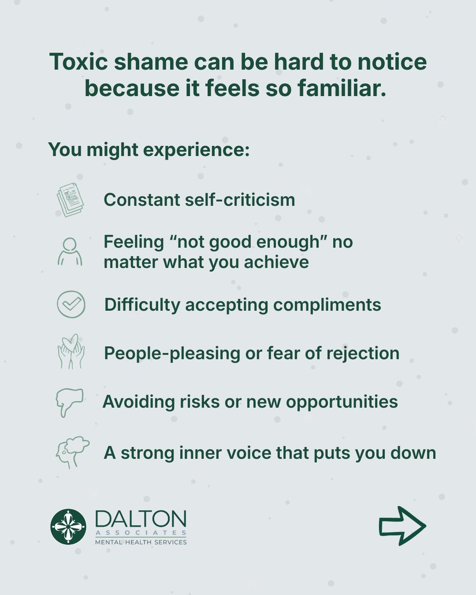 DaltonAssociate's tweet photo. Toxic shame is more than feeling bad about something you’ve done. It is the belief that something is wrong with you at your core. Often shaped by early experiences like criticism, neglect, or feeling unseen, it can show up as constant self-doubt, people-pleasing, or a harsh inner voice that’s hard to quiet.

The impact can be subtle but far-reaching, affecting how you relate to yourself and others, how you take risks, and how worthy you feel of care, success, or connection.

The good news is that toxic shame is not permanent. With awareness, self-compassion, supportive relationships, and the right therapeutic support, it is possible to challenge these beliefs and begin to see yourself more clearly and more kindly.

If this resonates, you are not alone.

For more information on our resources check out our website at https://t.co/Yx9rCgw6mH