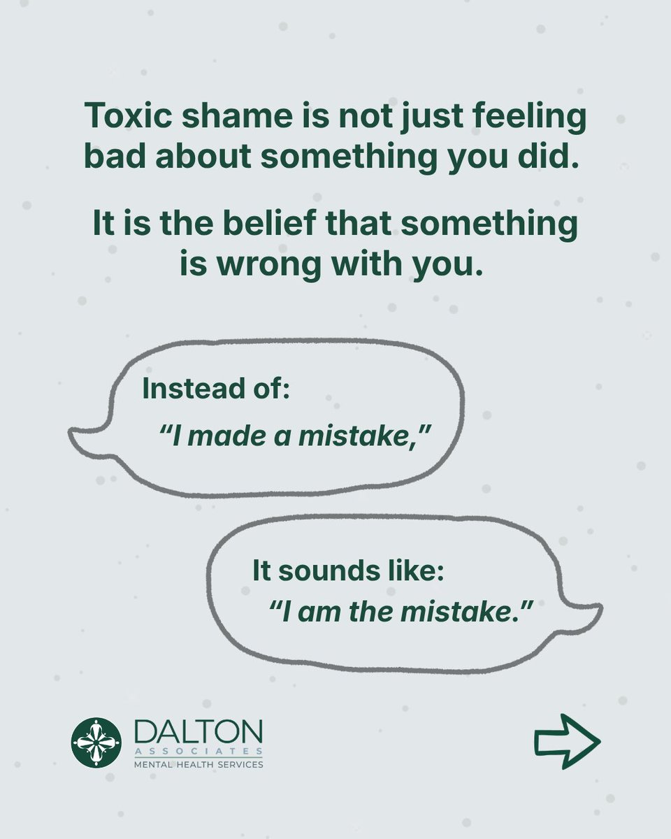 DaltonAssociate's tweet photo. Toxic shame is more than feeling bad about something you’ve done. It is the belief that something is wrong with you at your core. Often shaped by early experiences like criticism, neglect, or feeling unseen, it can show up as constant self-doubt, people-pleasing, or a harsh inner voice that’s hard to quiet.

The impact can be subtle but far-reaching, affecting how you relate to yourself and others, how you take risks, and how worthy you feel of care, success, or connection.

The good news is that toxic shame is not permanent. With awareness, self-compassion, supportive relationships, and the right therapeutic support, it is possible to challenge these beliefs and begin to see yourself more clearly and more kindly.

If this resonates, you are not alone.

For more information on our resources check out our website at https://t.co/Yx9rCgw6mH