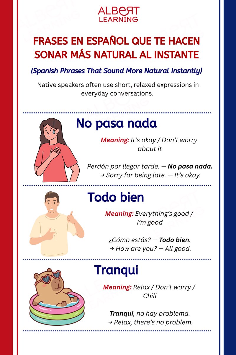 Albert_Learning's tweet photo. If you’re looking to sound more natural in Spanish, we’ve got you 🇪🇸✨

These short, relaxed expressions are used by native speakers every day to make conversations sound smoother and more natural.

Save this post for later and keep learning with Albert Learning! https://t.co/5yNYPQ20Rz