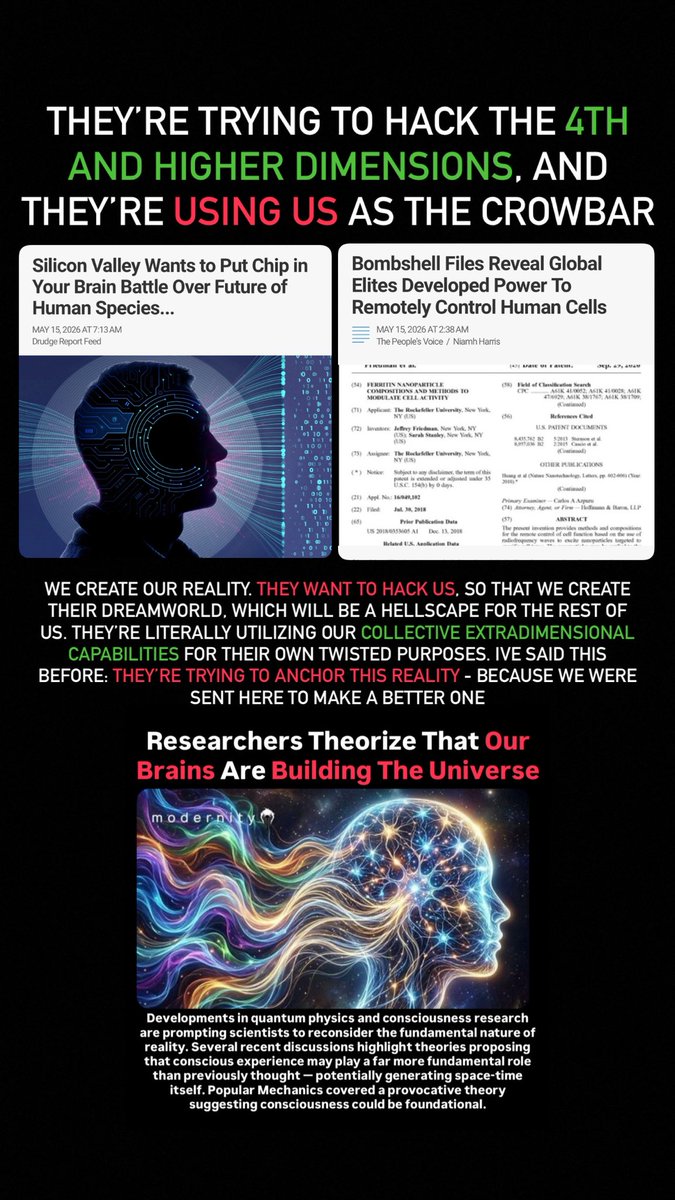 The_NoizceEra's tweet photo. Thoughts?
They’re trying to hijack our minds to explore the 4th and higher dimensions.
#FreedomFaction #Podcast #Consciousness #Transhumanism https://t.co/jh1nKy0FiS