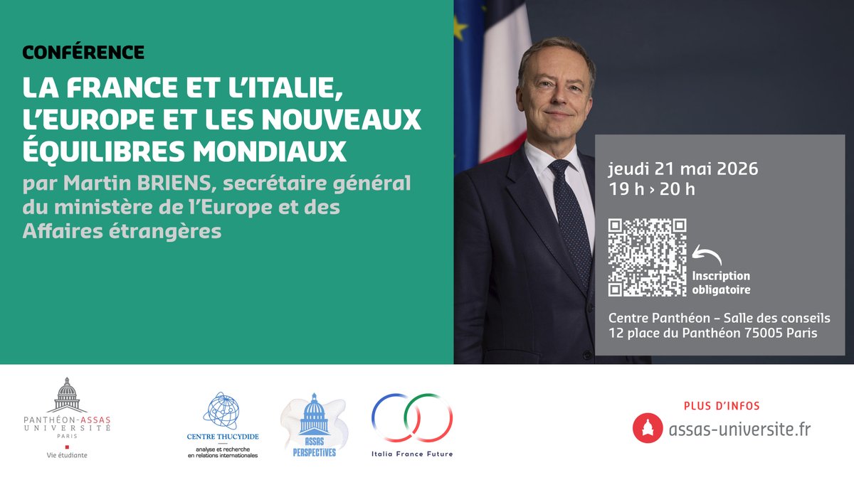masteraplusp2's tweet photo. 🇫🇷🇮🇹🇪🇺« La France et l’Italie, l’Europe et les nouveaux équilibres mondiaux » avec M. @martin_briens, secrétaire général du MEAE et ancien ambassadeur de France en Italie.

���️ Organisateurs : Italia France Future, @AssasUniversite, @AfriThucy &amp; Assas Perspectives.

1/2 https://t.co/D5A58VquU1
