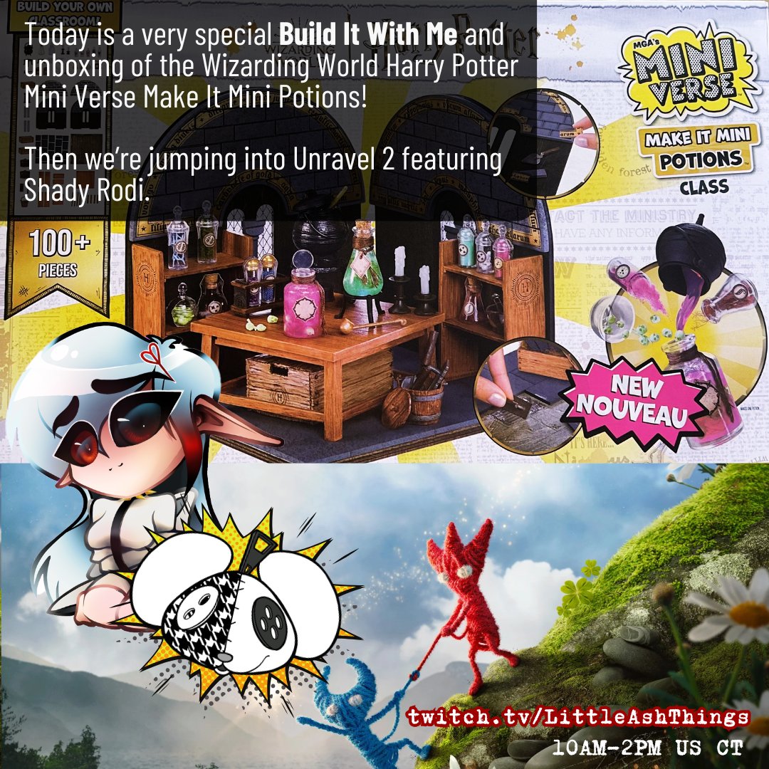 LittleAshThings's tweet photo. Today is a very special Build It With Me stream where we're going to unbox this Mini Verse Make It Mini Potions Class! Then we get to play more Unravel 2 for our collab featuring @ShadyRodi23! https://t.co/388gpASTZO