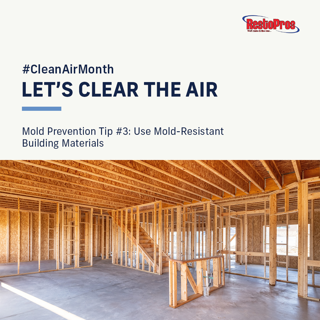 RestoPros's tweet photo. If you’re remodeling or building a new home, consider using mold-resistant materials in moisture-prone areas. These materials help prevent mold from forming and protect the air you breathe by reducing the chances of mold spores getting into your HVAC system. #CleanAirMonth https://t.co/bmSDk58OKV
