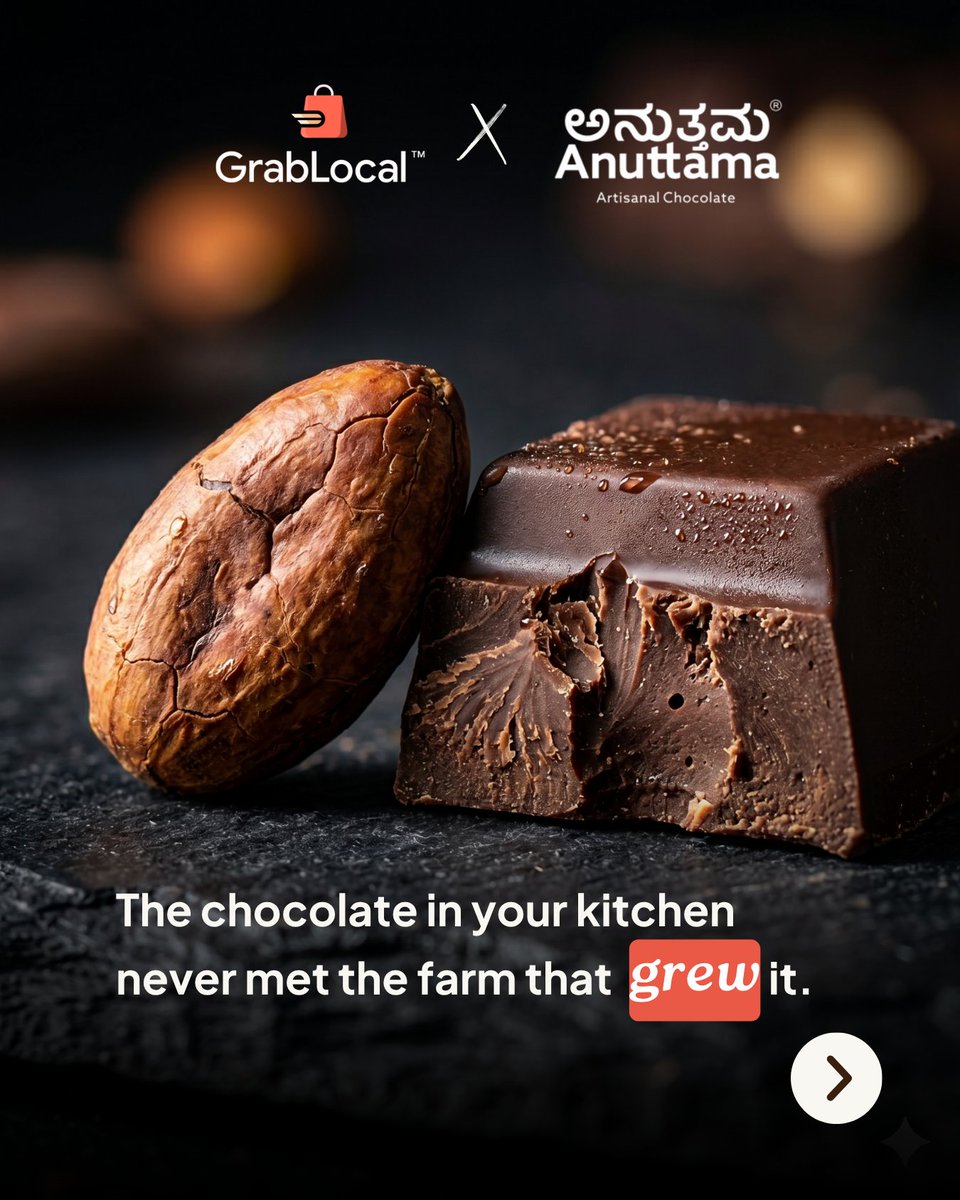 GrabLocal_BH's tweet photo. Most chocolate labels tell you what is inside. None of them tell you how far it travelled to get there.

The average chocolate on a supermarket shelf in India is made from cacao that has changed hands six
times between the farm and your kitchen. https://t.co/vyu5Bm84wV