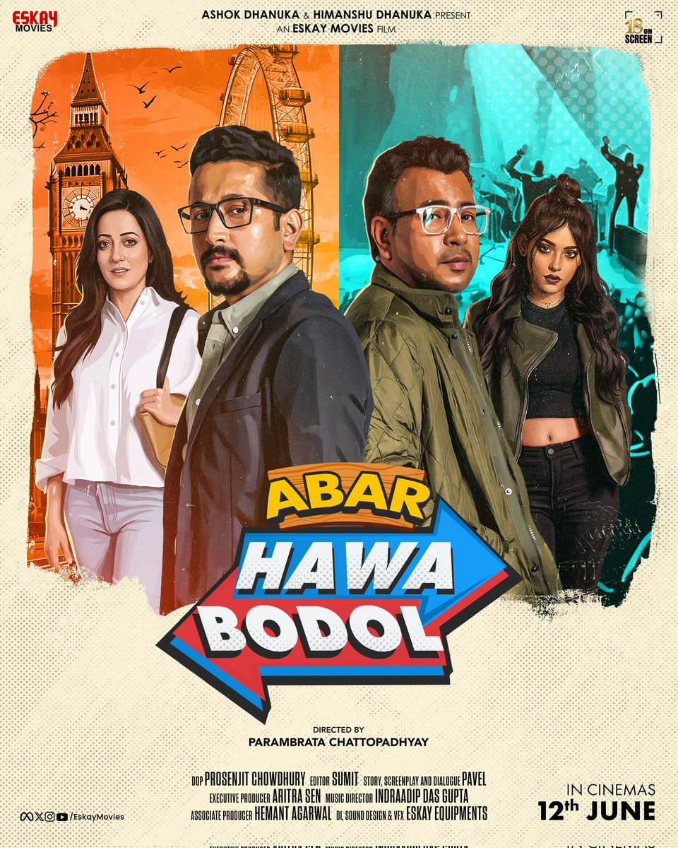 EskayMovies's tweet photo. গল্প বদল, বদল সুর 🎭
হাওয়ায় আবার নতুন Rule! 

#AbarHawaBodol in cinemas 12th June, show your interest: https://t.co/r91puH30Em

#AshokDhanuka | @Himanshukol | @paramspeak | @ActorRudranil | @raimasen | @Anusha019 | @iindraadip | #Pavel https://t.co/6zsaVrzchQ