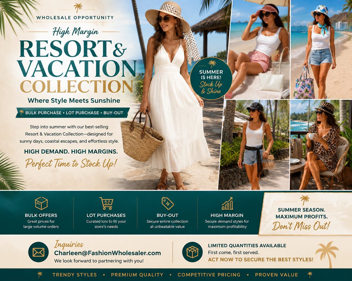FashionW's tweet photo. LOT SALE, HIGH DEMAND, HIGH MARGINS
Summer is Here, Step into summer with out best-selling Resort &amp; Vacation Collection.
https://t.co/xtQd4Ow0bO https://t.co/A0GAT66Izg