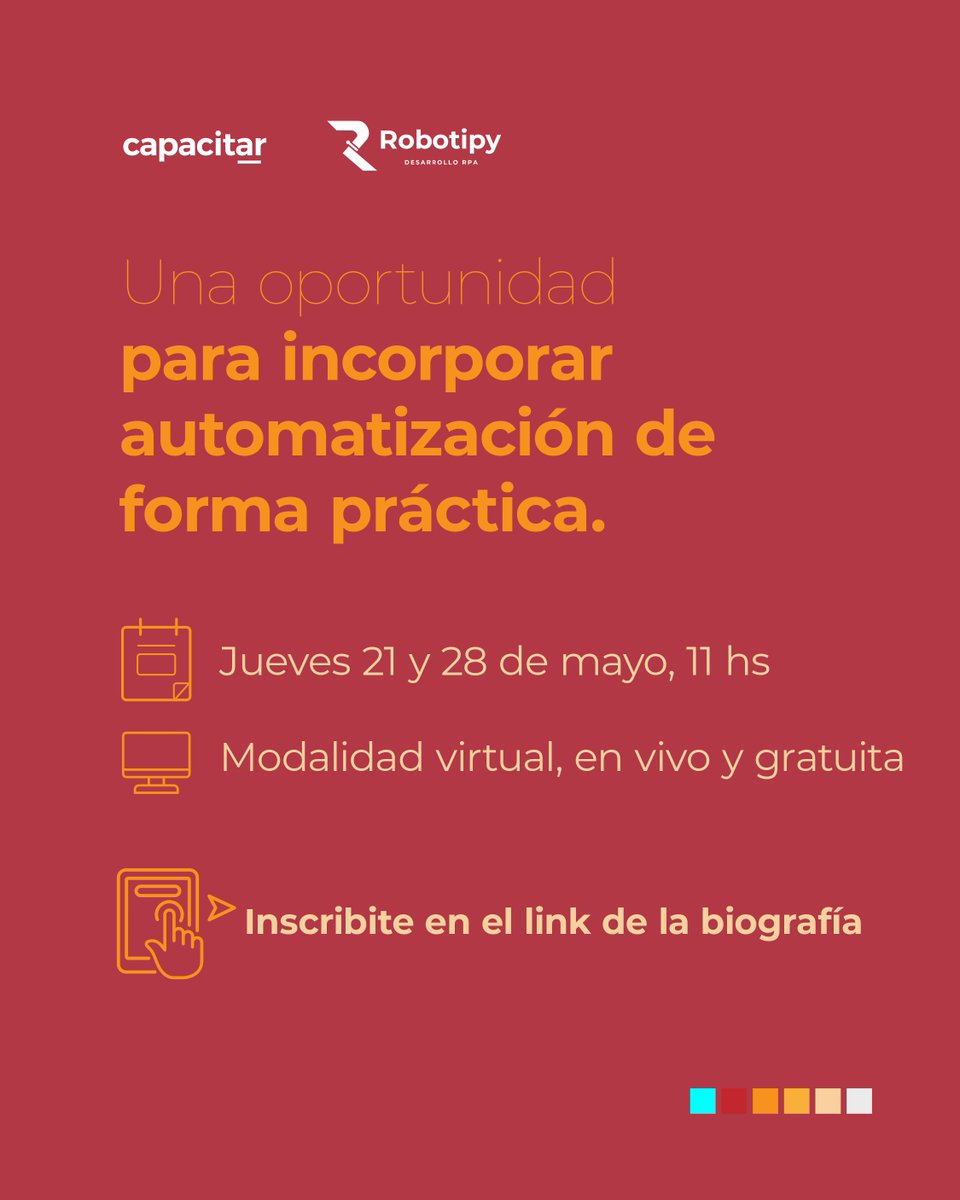 capacitar_'s tweet photo. La automatización de procesos ya está transformando la gestión empresarial.
Webinar 1: Introducción a RPA con Rocketbot.
Primeros pasos para optimizar tareas y mejorar la eficiencia.
Sin conocimientos técnicos previos.
 👉 Link en bio https://t.co/vd2MYNFEkg