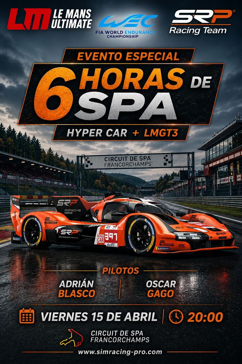 AdrianBlasco3's tweet photo. Nos vemos esta tarde en el evento especial de @LeMansUltimate 

6 horas  de Spa 🔥
Categoría : Hypercar 🚀

Inicio de carrera a las 20:00 

@SRPracingteam @SRPsimracingpro https://t.co/aOCMOZtWRN