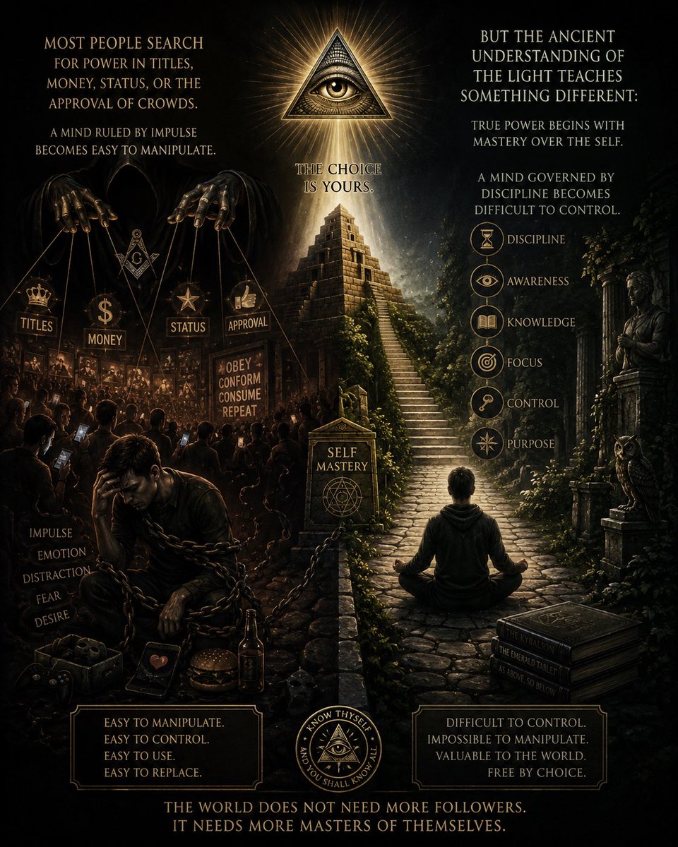 THAEDLIGHT's tweet photo. Most people search for power in titles, money, status, or the approval of crowds. But the ancient understanding of the Light teaches something different: true power begins with mastery over the self. A mind ruled by impulse becomes easy to manipulate. A mind governed by discipline becomes difficult to control.
#ILLUMINATI